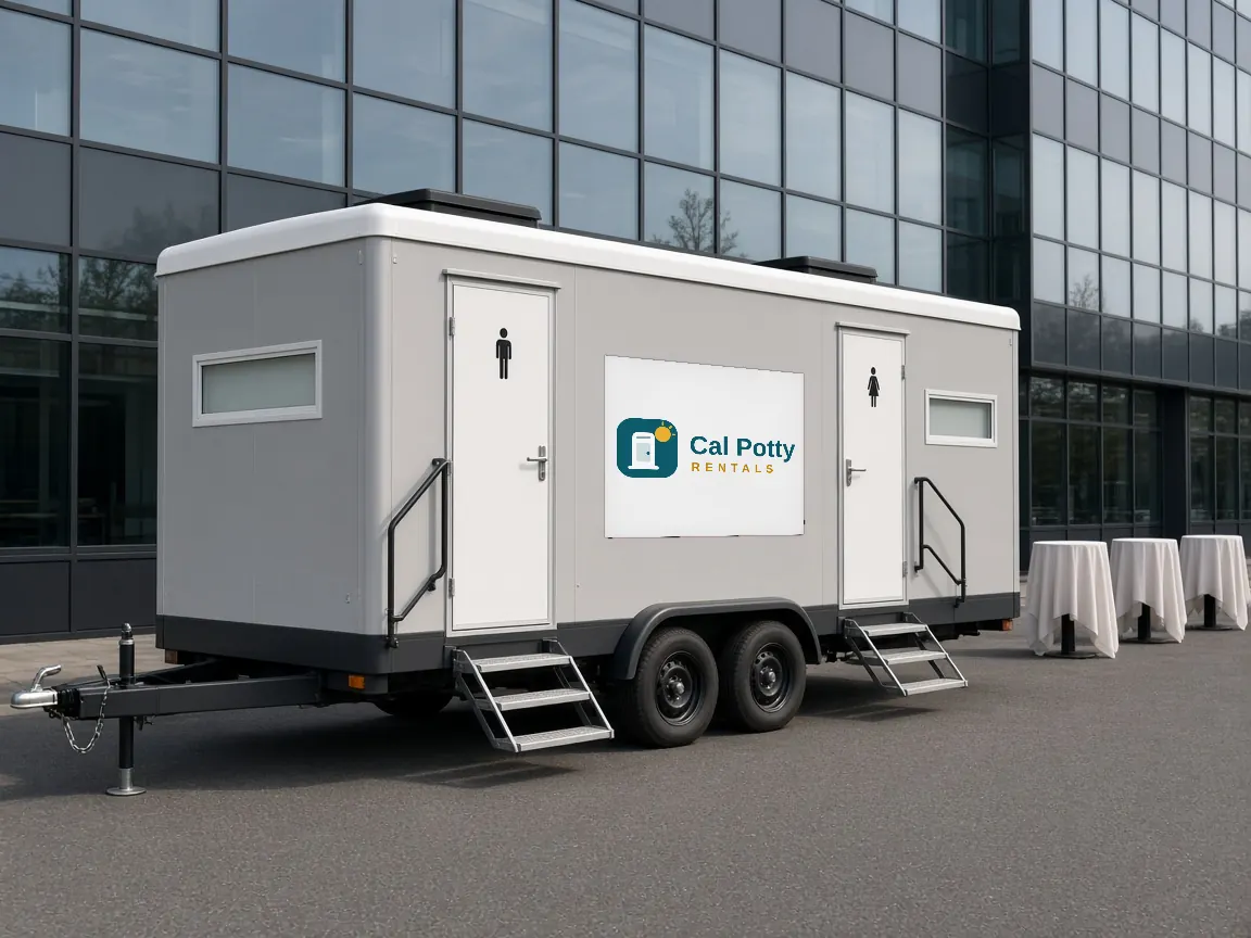 A grey restroom trailer parked in front of a glass office building with white cocktail tables