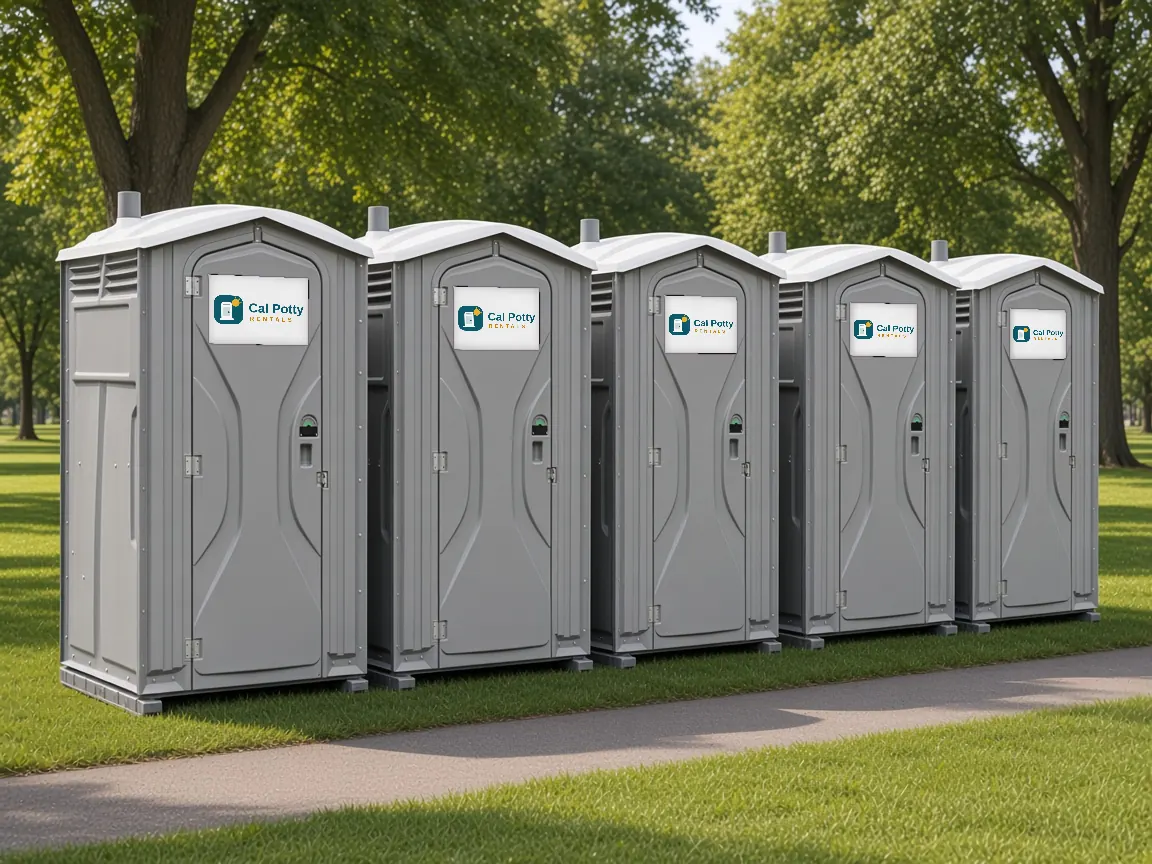Five grey porta potties in a row at the edge of a park lawn, an example setup for porta potty rental in San Carlos
