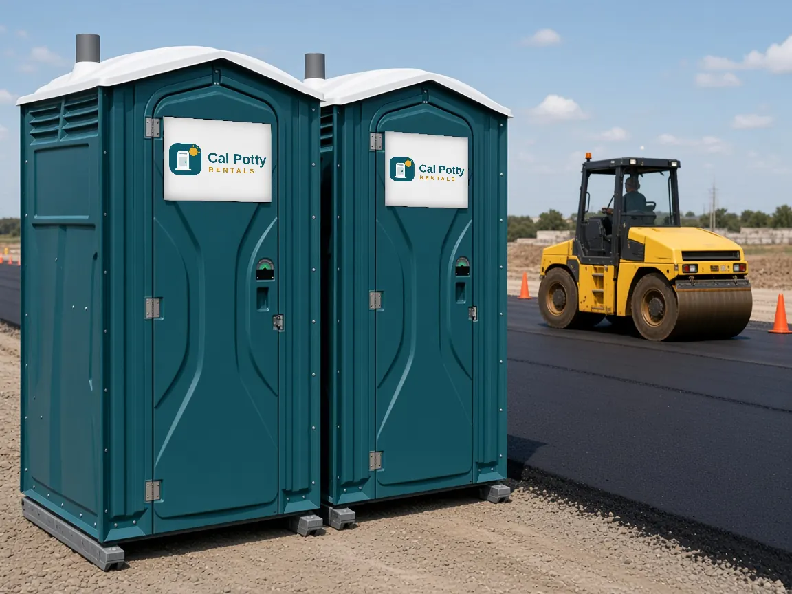Two teal porta potties beside a road-paving job with traffic cones